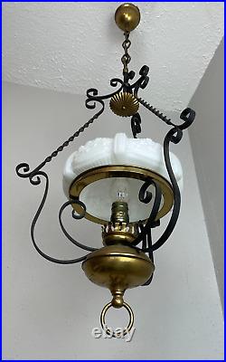 Vintage French Iron & brass hanging parlor lamp