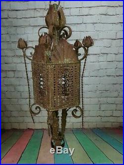 Vintage French Ornate Arts Crafts Gothic Wrought Iron Hanging Lantern Light Lamp