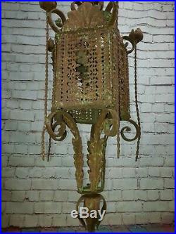 Vintage French Ornate Arts Crafts Gothic Wrought Iron Hanging Lantern Light Lamp