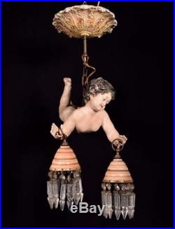 Vintage French Porcelain Chandelier/Hanging Lamp Putto Hand Painted