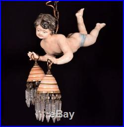 Vintage French Porcelain Chandelier/Hanging Lamp Putto Hand Painted