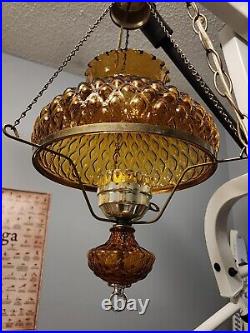 Vintage Gilbert Quilted Amber Glass Hanging Swag Lamp MCM Works