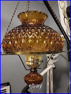 Vintage Gilbert Quilted Amber Glass Hanging Swag Lamp MCM Works