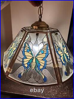 Vintage Glass 6 Panel Hanging Swag Lamp With Blue Butterfly Design