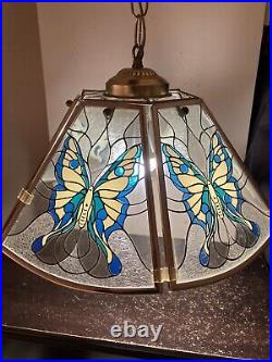 Vintage Glass 6 Panel Hanging Swag Lamp With Blue Butterfly Design