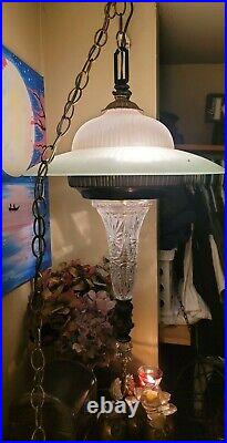Vintage Glass Swag Lamp Hanging Light & Chain Mid-Century Modern Pendant