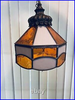 Vintage Gold And White Slag Glass Lamp Swag Retro MCM 60s Ceiling Hanging