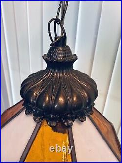 Vintage Gold And White Slag Glass Lamp Swag Retro MCM 60s Ceiling Hanging