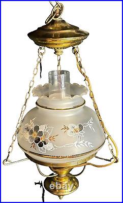 Vintage Gold Satin Glass Globe Shade Brass Hurricane Ceiling Hanging Swag Lamp