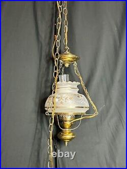 Vintage Gold Satin Glass Globe Shade Brass Hurricane Ceiling Hanging Swag Lamp
