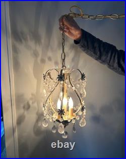 Vintage Gold colored Swag Light Hanging Lamp Crystals Hollywood Regency 3 Bulb