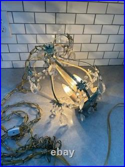 Vintage Gold colored Swag Light Hanging Lamp Crystals Hollywood Regency 3 Bulb