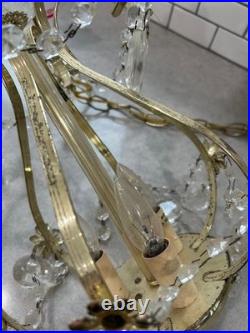 Vintage Gold colored Swag Light Hanging Lamp Crystals Hollywood Regency 3 Bulb