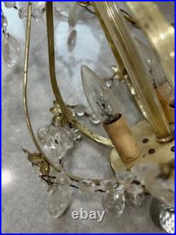 Vintage Gold colored Swag Light Hanging Lamp Crystals Hollywood Regency 3 Bulb