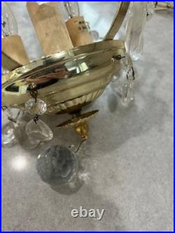 Vintage Gold colored Swag Light Hanging Lamp Crystals Hollywood Regency 3 Bulb