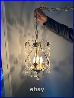 Vintage Gold colored Swag Light Hanging Lamp Crystals Hollywood Regency 3 Bulb