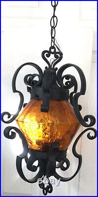 Vintage Gothic Black Metal Amber Crackle Glass Swag Light Fixture Lamp Fixture