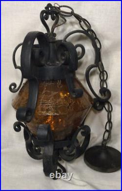 Vintage Gothic Black Metal Amber Crackle Glass Swag Light Fixture Lamp Fixture