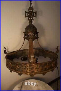Vintage Gothic Cathedral Church Hanging Lamp Brass & Wrought Iron Antique