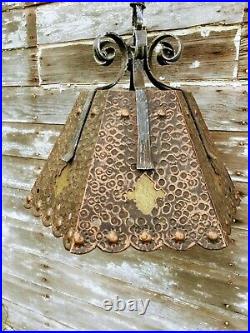Vintage Gothic Hammered Copper Hanging Lamp Amber Glass Cross