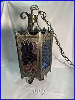 Vintage Gothic Hanging Swag Lamp 6 Glass Panels Hollywood Regency