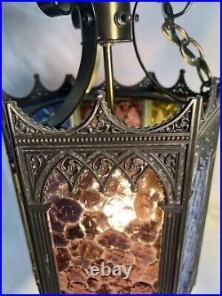 Vintage Gothic Hanging Swag Lamp 6 Glass Panels Hollywood Regency