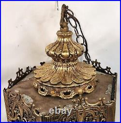 Vintage Gothic Hollywood Regency Brass Hanging Swag Lamp Elaborate Glass panels