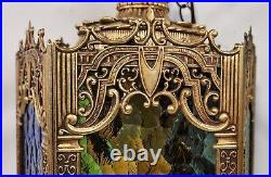 Vintage Gothic Hollywood Regency Brass Hanging Swag Lamp Elaborate Glass panels