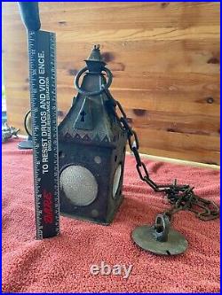 Vintage Gothic Iron Hanging Lamp Lantern Slight Rust Glass Inserts (4 of 5)