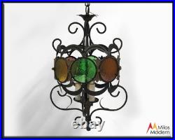 Vintage Gothic Italian Black Metal & Colored Glass Chandelier Hanging Light