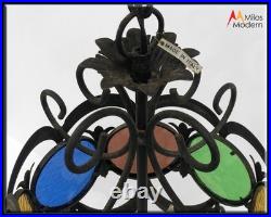 Vintage Gothic Italian Black Metal & Colored Glass Chandelier Hanging Light