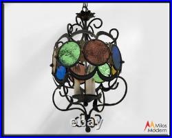 Vintage Gothic Italian Black Metal & Colored Glass Chandelier Hanging Light