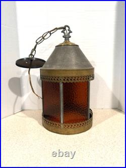 Vintage Gothic MCM Tudor Revival Style Hanging Amber Glass Swag Lamp
