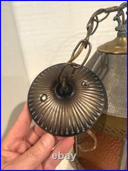 Vintage Gothic MCM Tudor Revival Style Hanging Amber Glass Swag Lamp