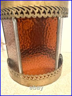 Vintage Gothic MCM Tudor Revival Style Hanging Amber Glass Swag Lamp