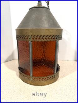 Vintage Gothic MCM Tudor Revival Style Hanging Amber Glass Swag Lamp