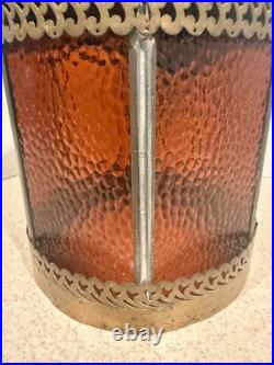 Vintage Gothic MCM Tudor Revival Style Hanging Amber Glass Swag Lamp