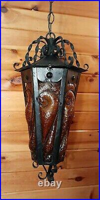 Vintage Gothic Medieval Tudor Amber Crackle Bubble Glass Swag Light Fixture Lamp