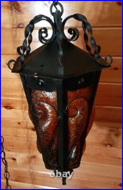 Vintage Gothic Medieval Tudor Amber Crackle Bubble Glass Swag Light Fixture Lamp
