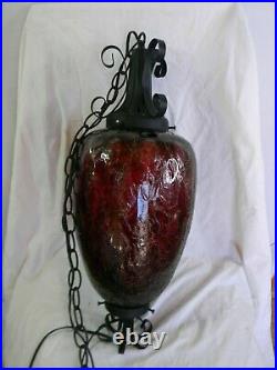 Vintage Gothic Spanish Hanging Swag Light Lamp Oxblood Red Crackled Glass
