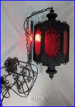 Vintage Gothic Swag Lamp 6 Panel Spanish Revival Victorian MCM Red Black Metal