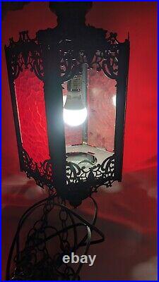 Vintage Gothic Swag Lamp 6 Panel Spanish Revival Victorian MCM Red Black Metal