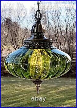 Vintage Green Blown Optic Glass UFO Hanging Pull Chain Light Swag Lamp