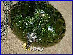 Vintage Green Blown Optic Glass UFO Hanging Pull Chain Light Swag Lamp