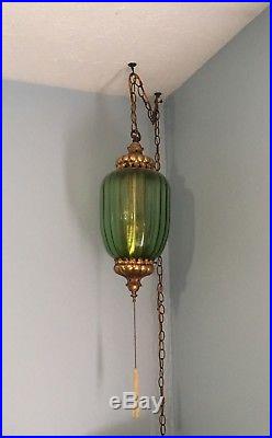 Vintage Green Glass Hanging Swag Lamp Light Mid Century withTassel-Diffuser