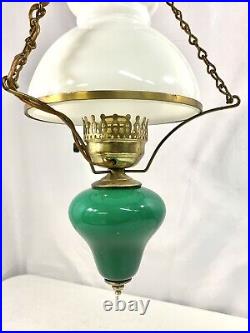 Vintage Green & Milk Glass Hanging Hurricane Ceiling Light Fixture MCM Retro