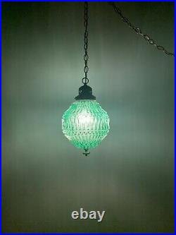 Vintage Green Swag Lamp Light Mid Century Modern Pressed Glass Hanging Brass 60s