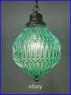 Vintage Green Swag Lamp Light Mid Century Modern Pressed Glass Hanging Brass 60s