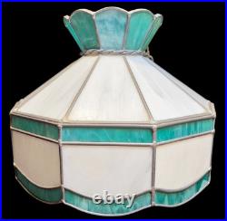 Vintage Green & White Stained Glass Hanging Lamp Light Kitchen Tiffany Style MCM