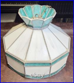 Vintage Green & White Stained Glass Hanging Lamp Light Kitchen Tiffany Style MCM